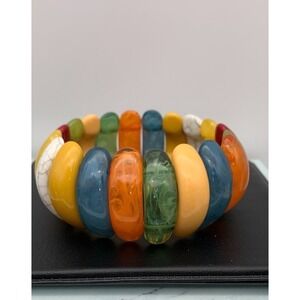 Multi Color Curved Chunky Beads Stretch Acrylic Plastic Bangle Bracelet